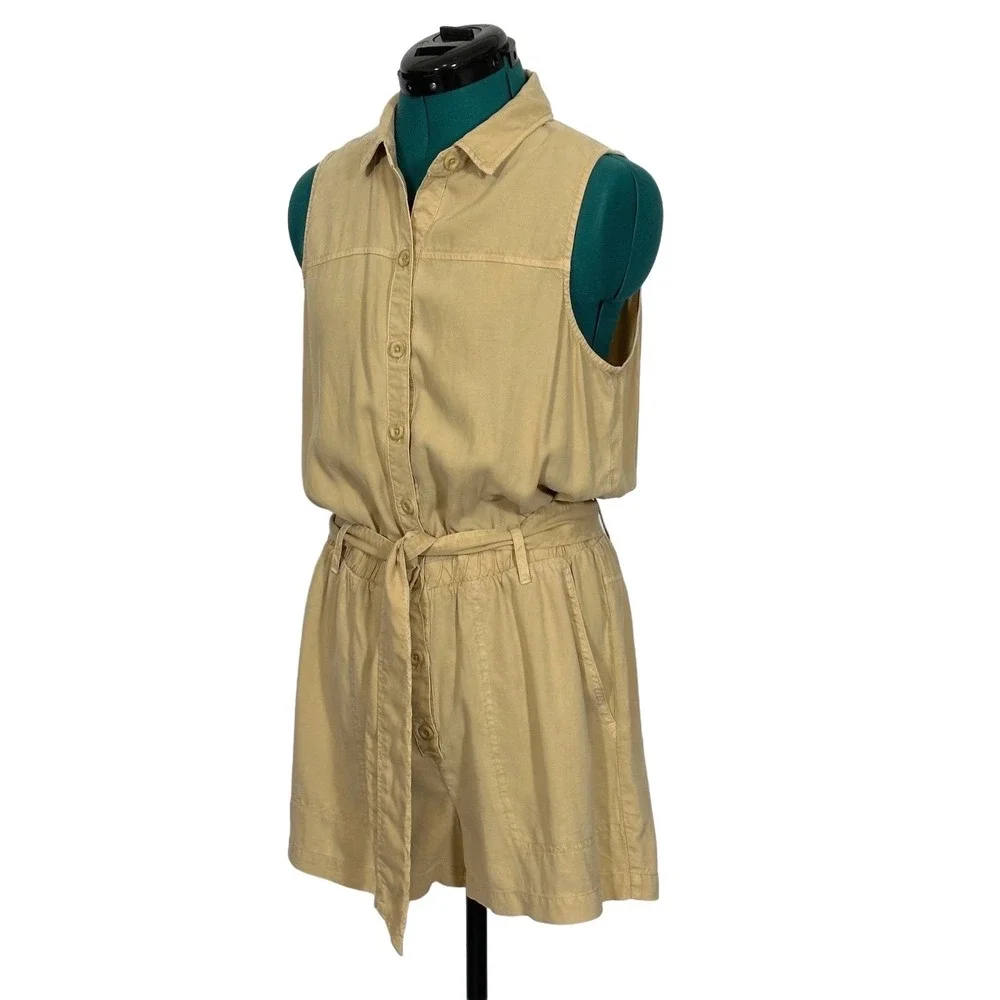Cloth & Stone Romper Button Front Tie Waist Size M Tan Utility Safari Sleeveless